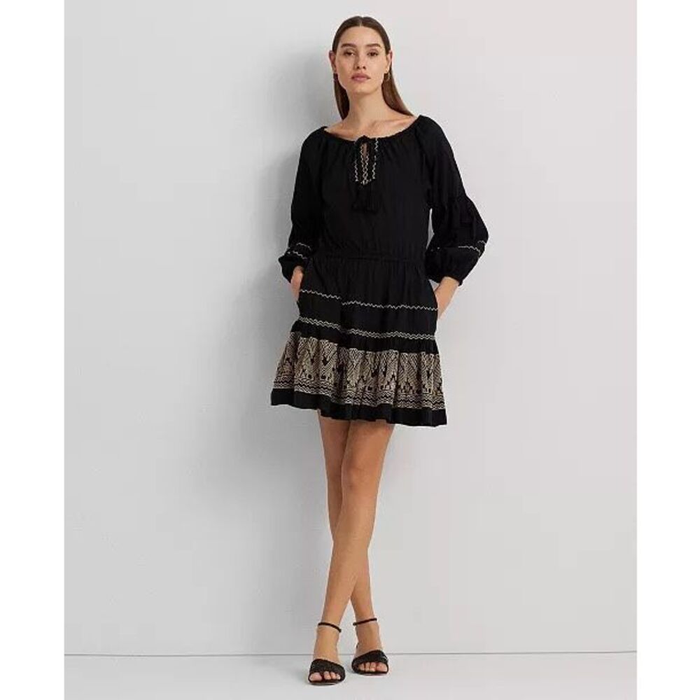 Lauren Ralph Lauren Embroidered Cotton Voile Tassel Dress New Size 6 Long Sleeve